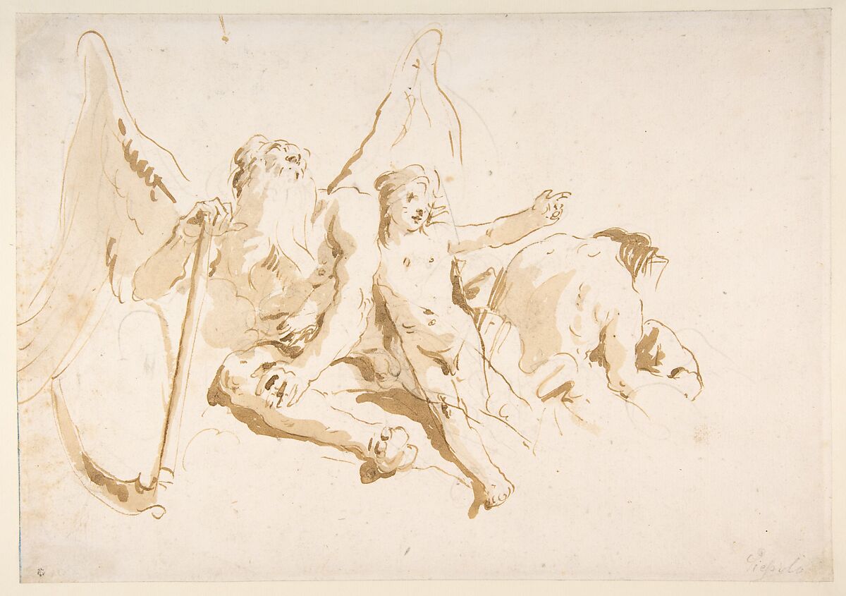 Time Seated, with Two Attendant Figures, Giovanni Battista Tiepolo (Italian, Venice 1696–1770 Madrid), Pen and brown ink, brush with pale and dark brown wash, over leadpoint or black chalk 
