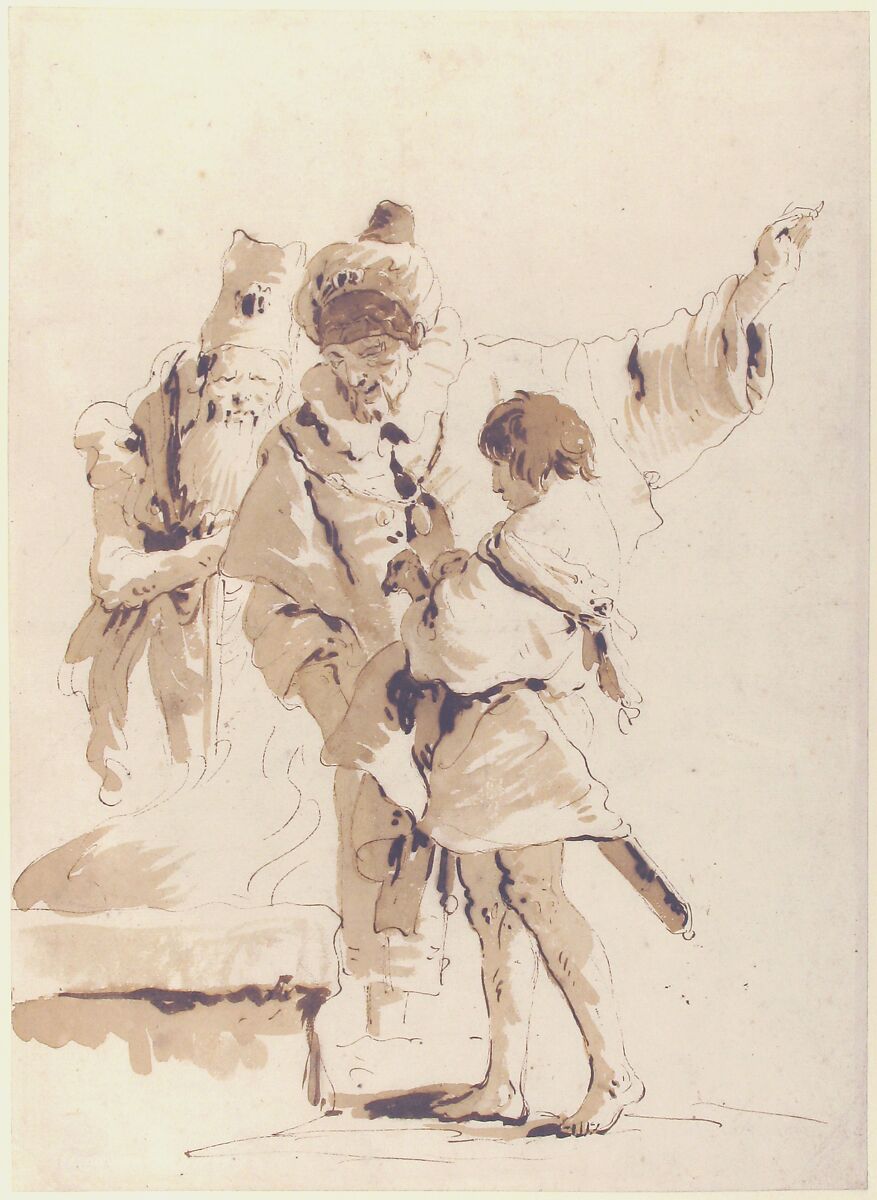 Scherzo di Fantasia: Two Standing Orientals and a Standing Youth with a Sword, Giovanni Battista Tiepolo (Italian, Venice 1696–1770 Madrid), Pen and dark brown ink, brush with pale and dark brown wash, over traces of black chalk