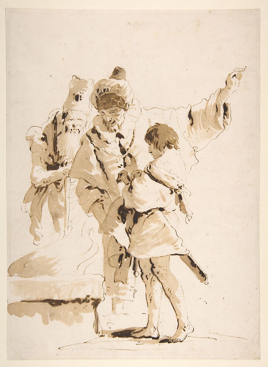 Scherzo di Fantasia: Two Standing Orientals and a Standing Youth with a Sword
, Giovanni Battista Tiepolo  Italian, Pen and dark brown ink, brush with pale and dark brown wash, over traces of black chalk