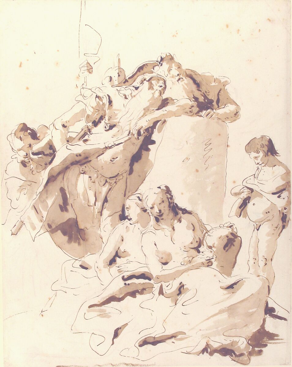 Scherzo di Fantasia: Standing Warrior and King with Five Attendants, Giovanni Battista Tiepolo (Italian, Venice 1696–1770 Madrid), Pen and brown ink, brush with pale and dark brown wash, over leadpoint or black chalk