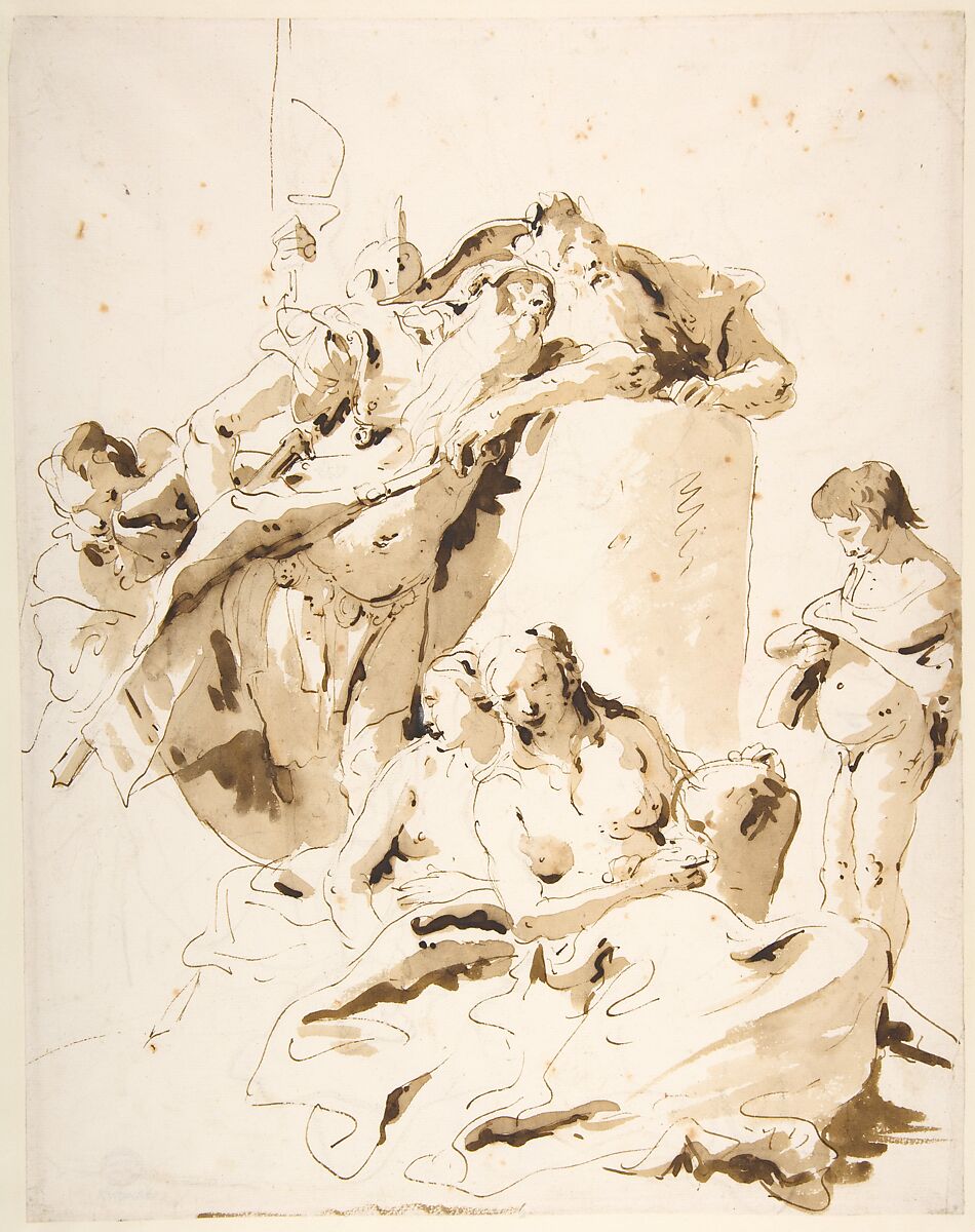 Scherzo di Fantasia: Standing Warrior and King with Five Attendants, Giovanni Battista Tiepolo (Italian, Venice 1696–1770 Madrid), Pen and brown ink, brush with pale and dark brown wash, over leadpoint or black chalk 