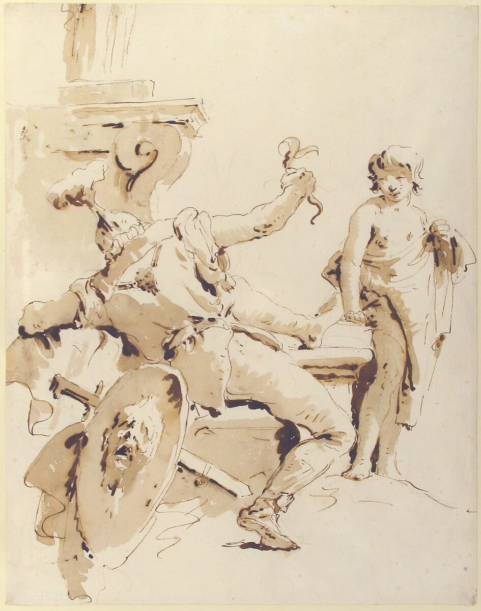 Scherzo di Fantasia: Seated Warrior Holding a Serpent, and Standing Youth, Giovanni Battista Tiepolo (Italian, Venice 1696–1770 Madrid), Pen and  brown ink, brush with pale and dark brown wash, over black chalk