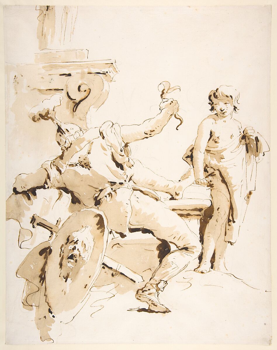 Scherzo di Fantasia: Seated Warrior Holding a Serpent, and Standing Youth, Giovanni Battista Tiepolo (Italian, Venice 1696–1770 Madrid), Pen and  brown ink, brush with pale and dark brown wash, over black chalk 