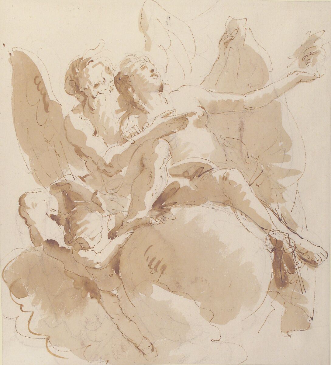Time and Truth, Giovanni Battista Tiepolo (Italian, Venice 1696–1770 Madrid), Pen and brown ink, brush with pale and dark brown wash, over black chalk