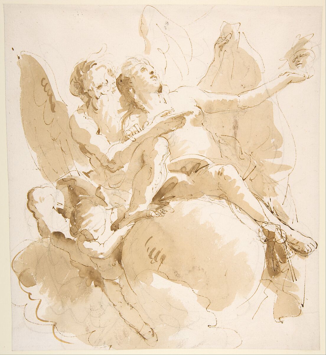 Time and Truth, Giovanni Battista Tiepolo (Italian, Venice 1696–1770 Madrid), Pen and brown ink, brush with pale and dark brown wash, over black chalk 