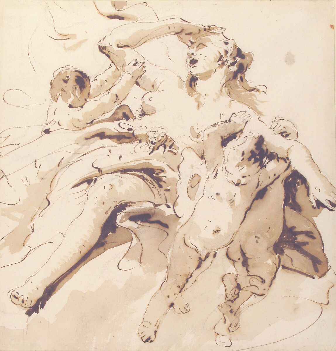 Woman Transported by Three Putti, Giovanni Battista Tiepolo (Italian, Venice 1696–1770 Madrid), Pen and brown ink, brush with pale and dark brown wash, over leadpoint or black chalk