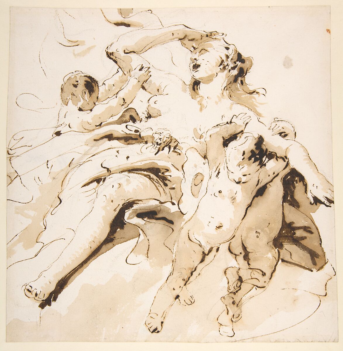 Woman Transported by Three Putti, Giovanni Battista Tiepolo (Italian, Venice 1696–1770 Madrid), Pen and brown ink, brush with pale and dark brown wash, over leadpoint or black chalk 