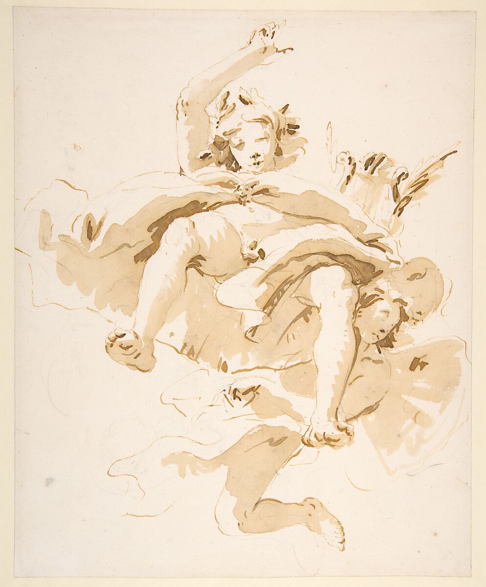 Apollo Supported by a Winged Genius, Giovanni Battista Tiepolo (Italian, Venice 1696–1770 Madrid), Pen and brown ink, brush with pale and dark brown wash, over black chalk 