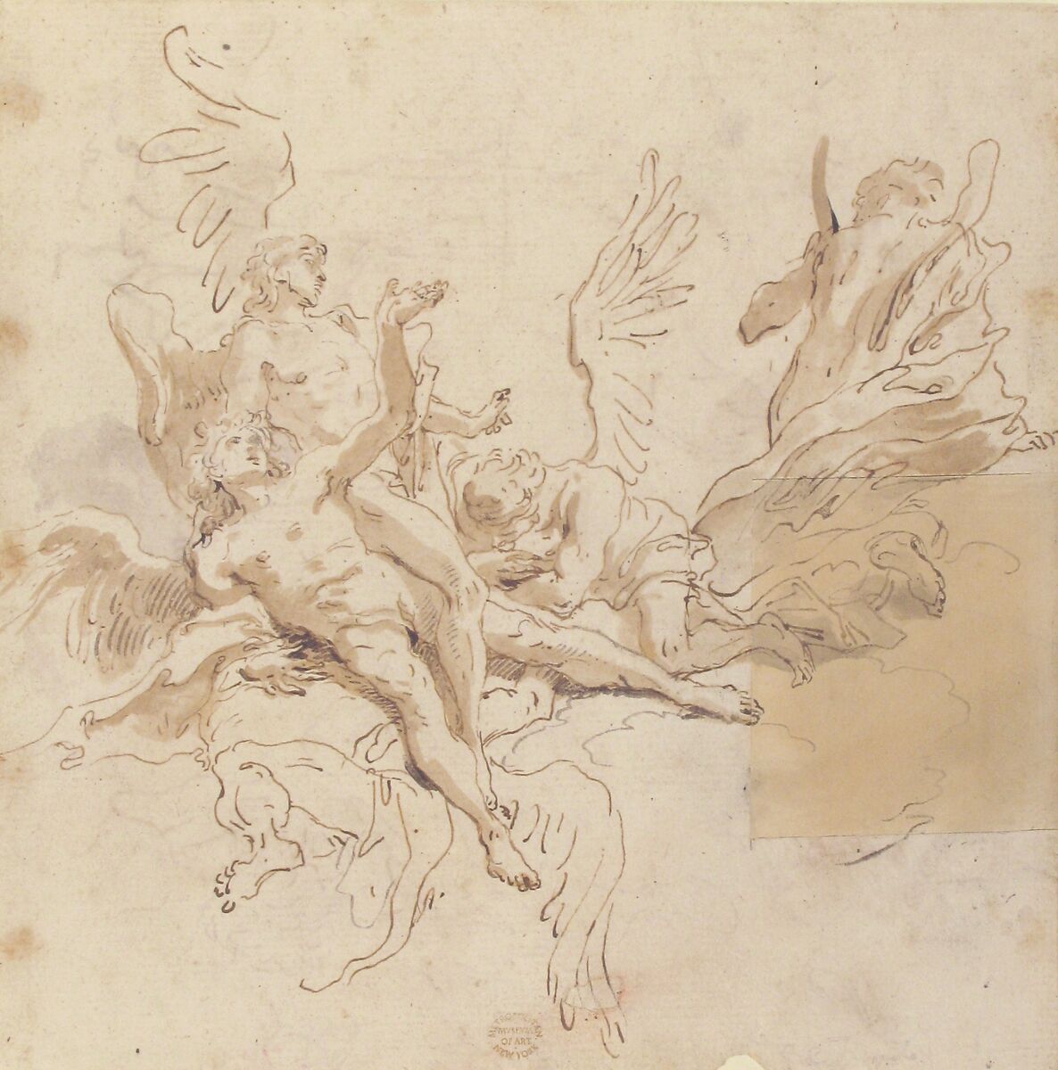 Sheet of Studies: Five Angels (recto); Youth in Clerical Robes and Other Studies (verso), Giovanni Battista Tiepolo (Italian, Venice 1696–1770 Madrid), Pen and brown ink, brush and brown wash (recto), pen and brown and black ink (verso)