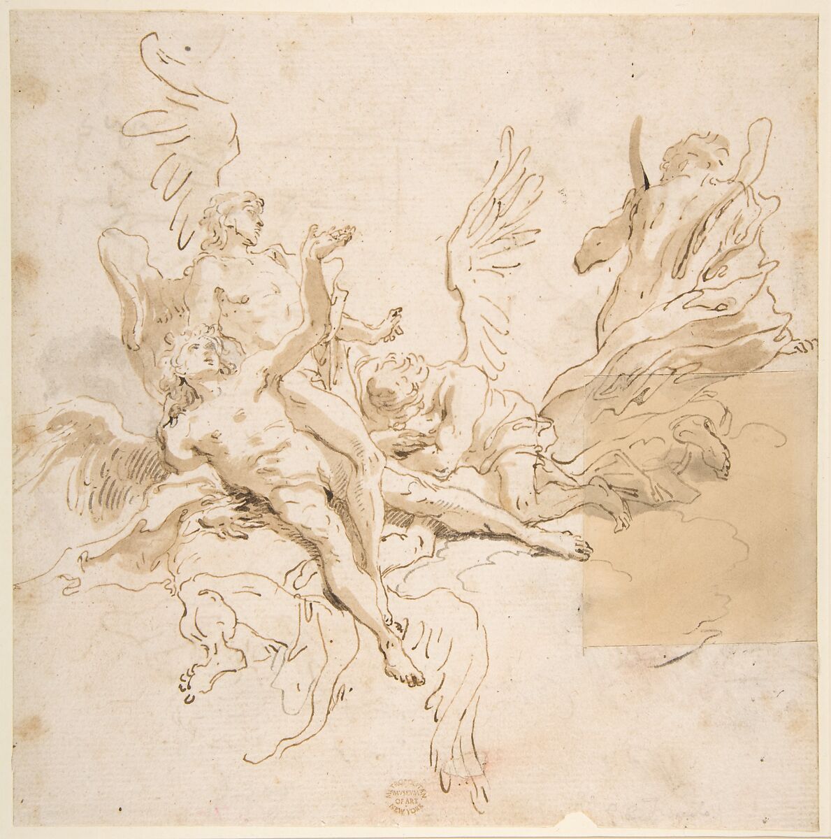 Sheet of Studies: Five Angels (recto); Youth in Clerical Robes and Other Studies (verso), Giovanni Battista Tiepolo (Italian, Venice 1696–1770 Madrid), Pen and brown ink, brush and brown wash (recto), pen and brown and black ink (verso) 