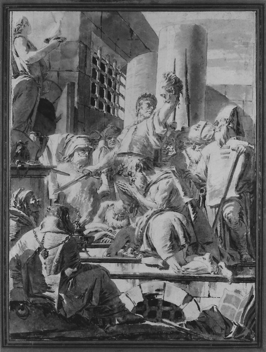 Beheading of Two Male Saints, Giovanni Battista Tiepolo (Italian, Venice 1696–1770 Madrid), Pen and brown ink, brush and brown wash, highlighted with white gouache, over black chalk. Traces of red chalk at upper and lower right; framing lines in black chalk, and pen and brown ink