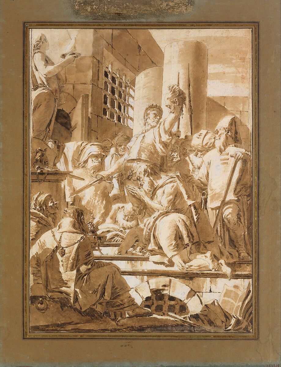 Beheading of Two Male Saints, Giovanni Battista Tiepolo (Italian, Venice 1696–1770 Madrid), Pen and brown ink, brush and brown wash, highlighted with white gouache, over black chalk. Traces of red chalk at upper and lower right. Framing lines in black chalk, and pen and brown ink 
