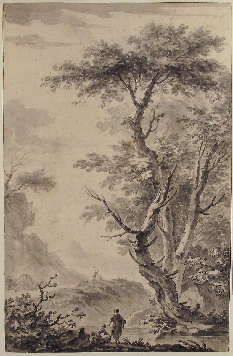 Washerwoman by a Brook, Attributed to Jean Pillement (French, Lyons 1728–1808 Lyons), Pen and ink, brush and gray wash, over traces of black chalk