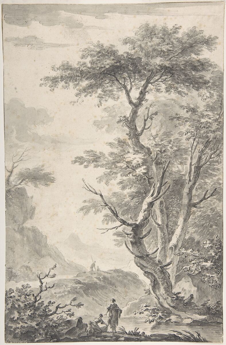 Washerwoman by a Brook, Attributed to Jean Pillement (French, Lyons 1728–1808 Lyons), Pen and ink, brush and gray wash, over traces of black chalk 