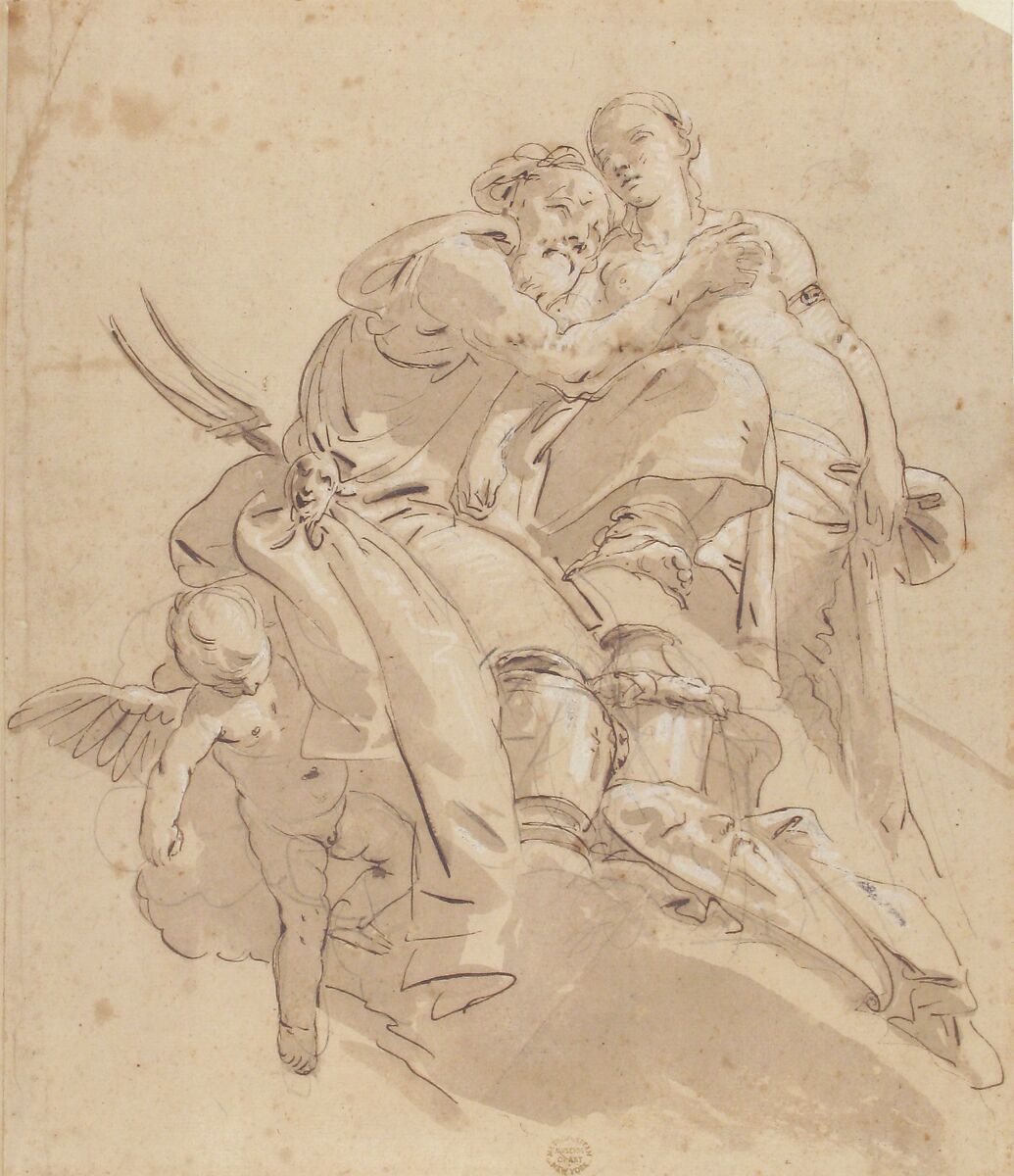 Marine Deity with Attendant Female Figure, Giovanni Battista Tiepolo (Italian, Venice 1696–1770 Madrid), Pen and brown ink, brush and brown wash, highlighted with white gouache, over black chalk