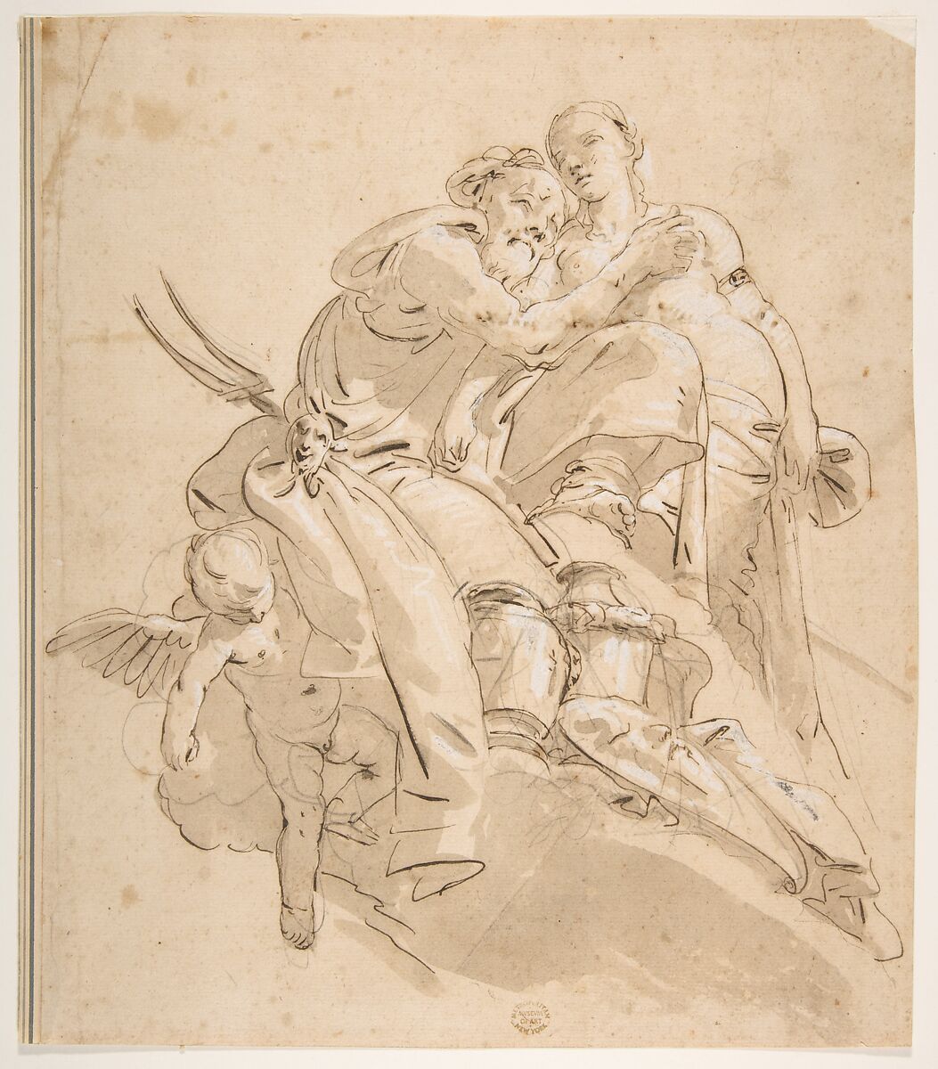 Marine Deity with Attendant Female Figure, Giovanni Battista Tiepolo  Italian, Pen and brown ink, brush and brown wash, highlighted with white gouache, over black chalk