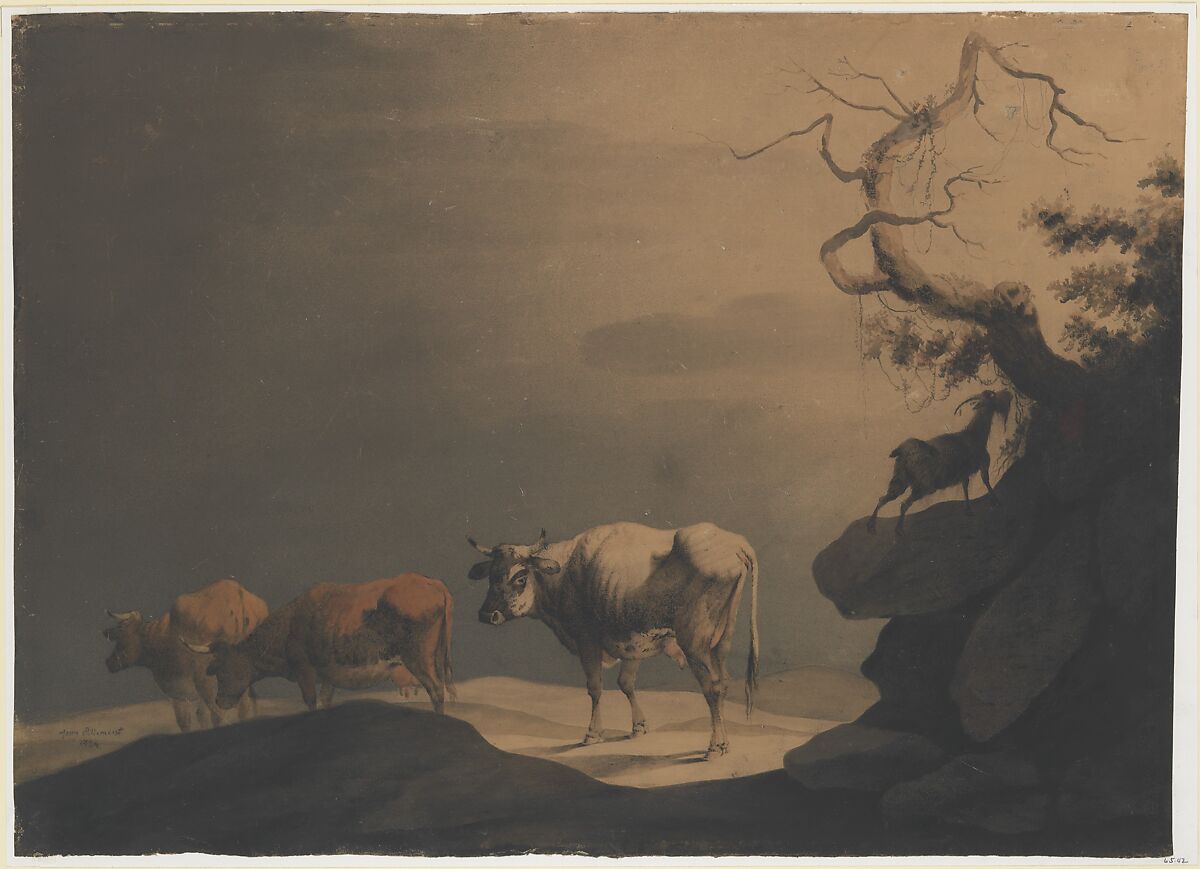 Cows and a Goat in a Landscape, Attributed to Jean Pillement (French, Lyons 1728–1808 Lyons), Gray, brown, and white gouache 