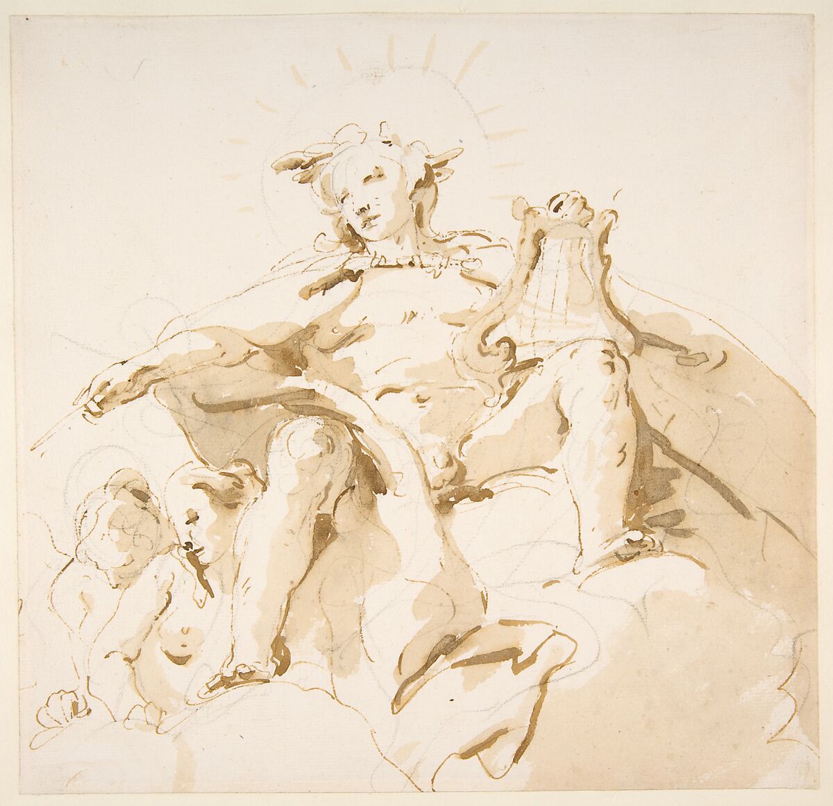 Apollo Seated on Clouds, Two Figures at Left, Giovanni Battista Tiepolo (Italian, Venice 1696–1770 Madrid), Pen and brown ink, brush with pale and dark brown wash, over black chalk 