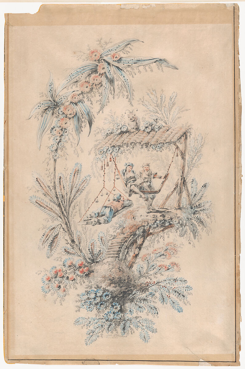 Fantastical Landscape with Exotic Plants and Three Figures, Jean Pillement (French, Lyons 1728–1808 Lyons), Black chalk and a little red chalk, blue and red pastel, blue and red wash. 