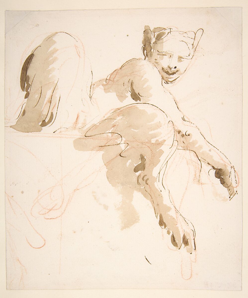 Seated Satyress, Giovanni Battista Tiepolo (Italian, Venice 1696–1770 Madrid), Pen and brown ink, brush with pale and dark brown wash, over red chalk 