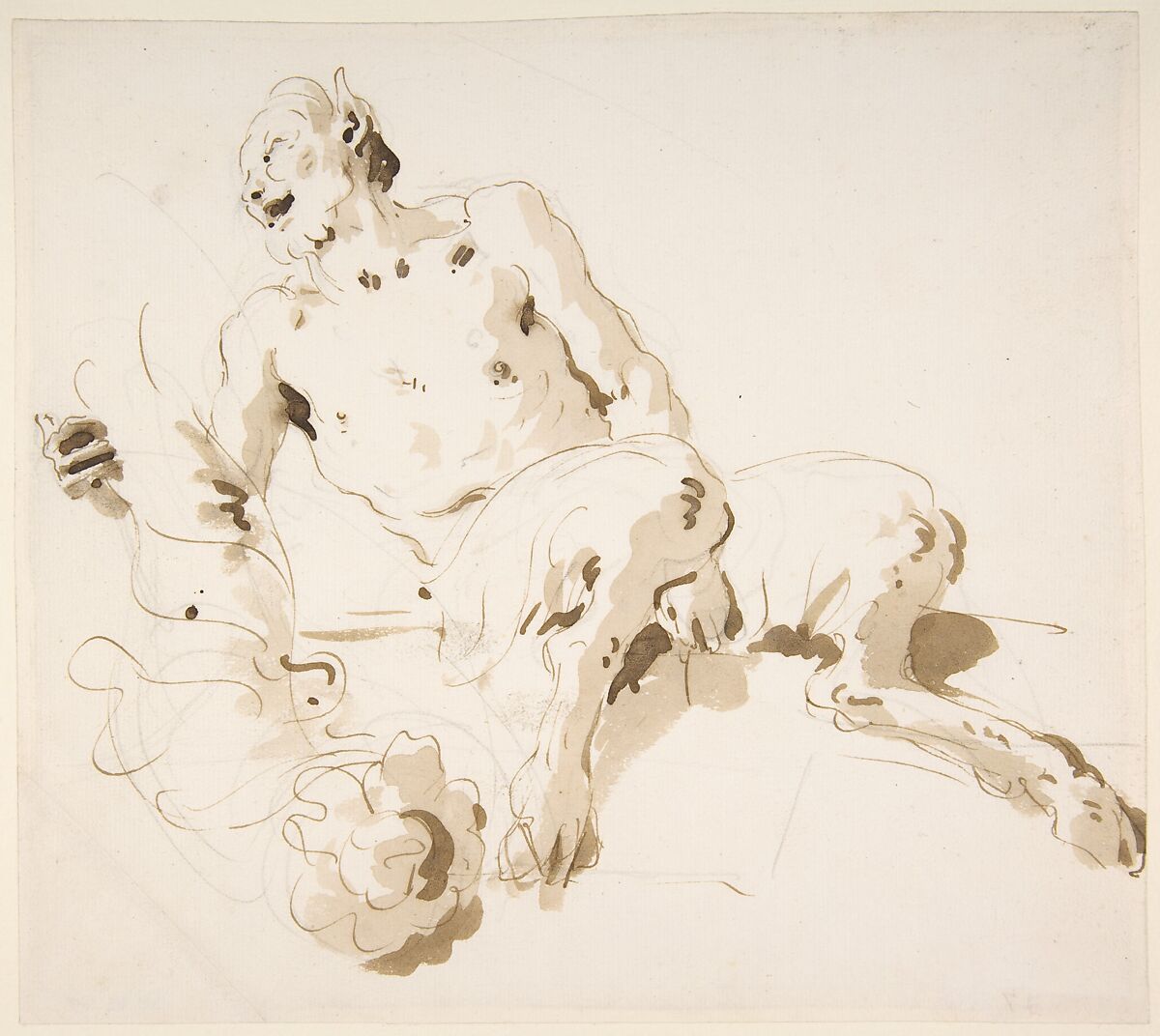 Seated Satyr Holding a Garland, Giovanni Battista Tiepolo (Italian, Venice 1696–1770 Madrid), Pen and brown ink, brush with pale and dark brown wash, over leadpoint or black chalk 