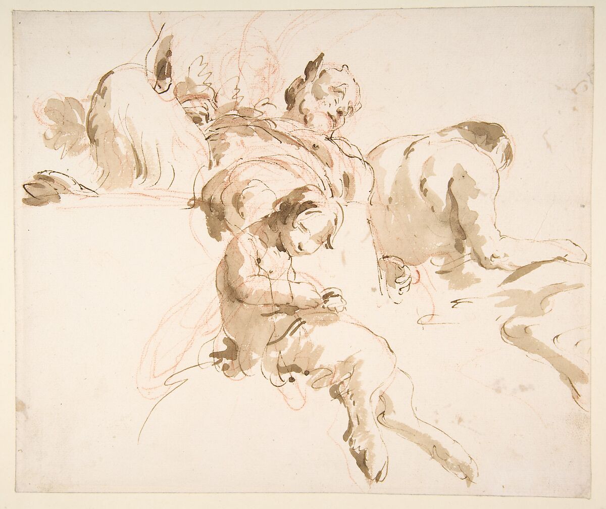 Two Seated Satyrs and a Child Satyr, Giovanni Battista Tiepolo (Italian, Venice 1696–1770 Madrid), Pen and brown ink, brush with pale and dark brown wash, over red chalk 