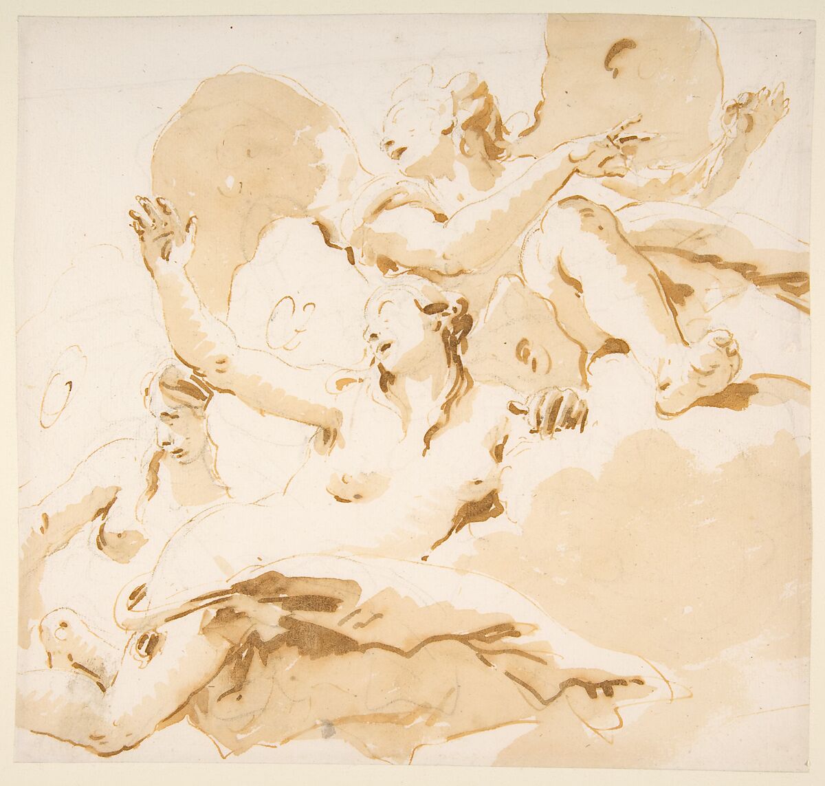 Three Winged Female Figures, Giovanni Battista Tiepolo (Italian, Venice 1696–1770 Madrid), Pen and brown ink, brush with pale (yellow) brown wash, over black chalk 