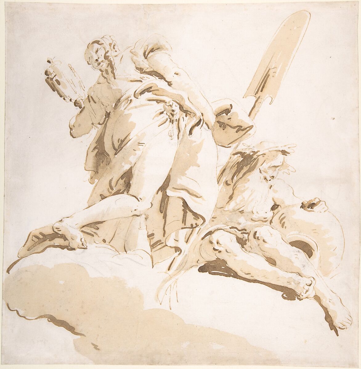 Standing Figure of Prudence and a Seated River God, Giovanni Battista Tiepolo (Italian, Venice 1696–1770 Madrid), Pen and brown ink, brush with pale (yellow) and dark brown wash, over black chalk 