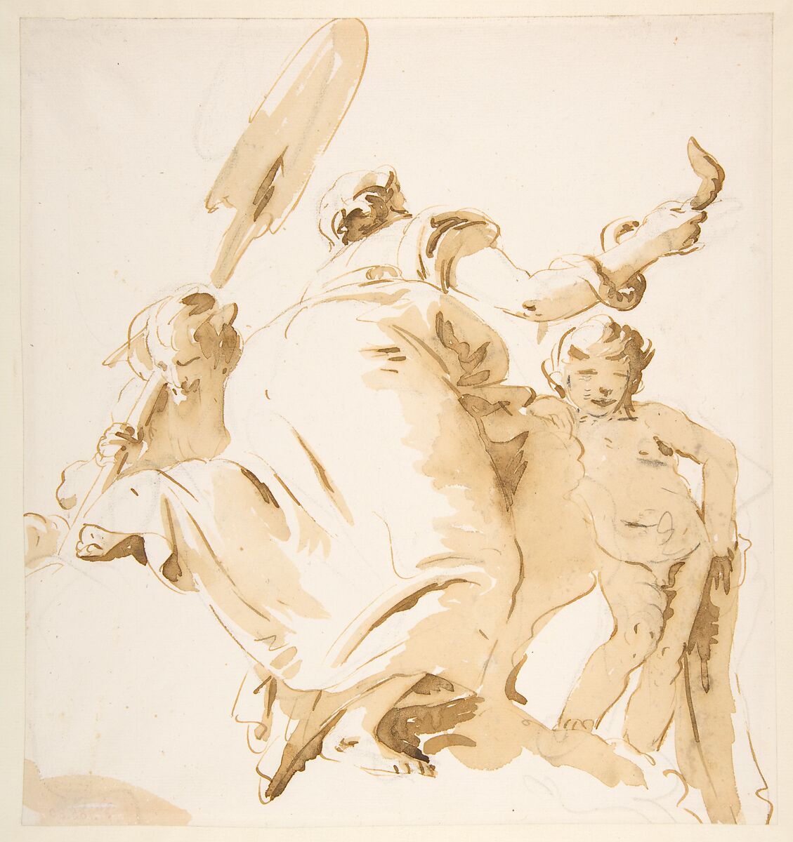 River God with an Oar, Woman Holding a Serpent, and a Standing Nude Boy, Giovanni Battista Tiepolo (Italian, Venice 1696–1770 Madrid), Pen and brown ink, brush with pale (yellow) and dark brown wash, over black chalk 