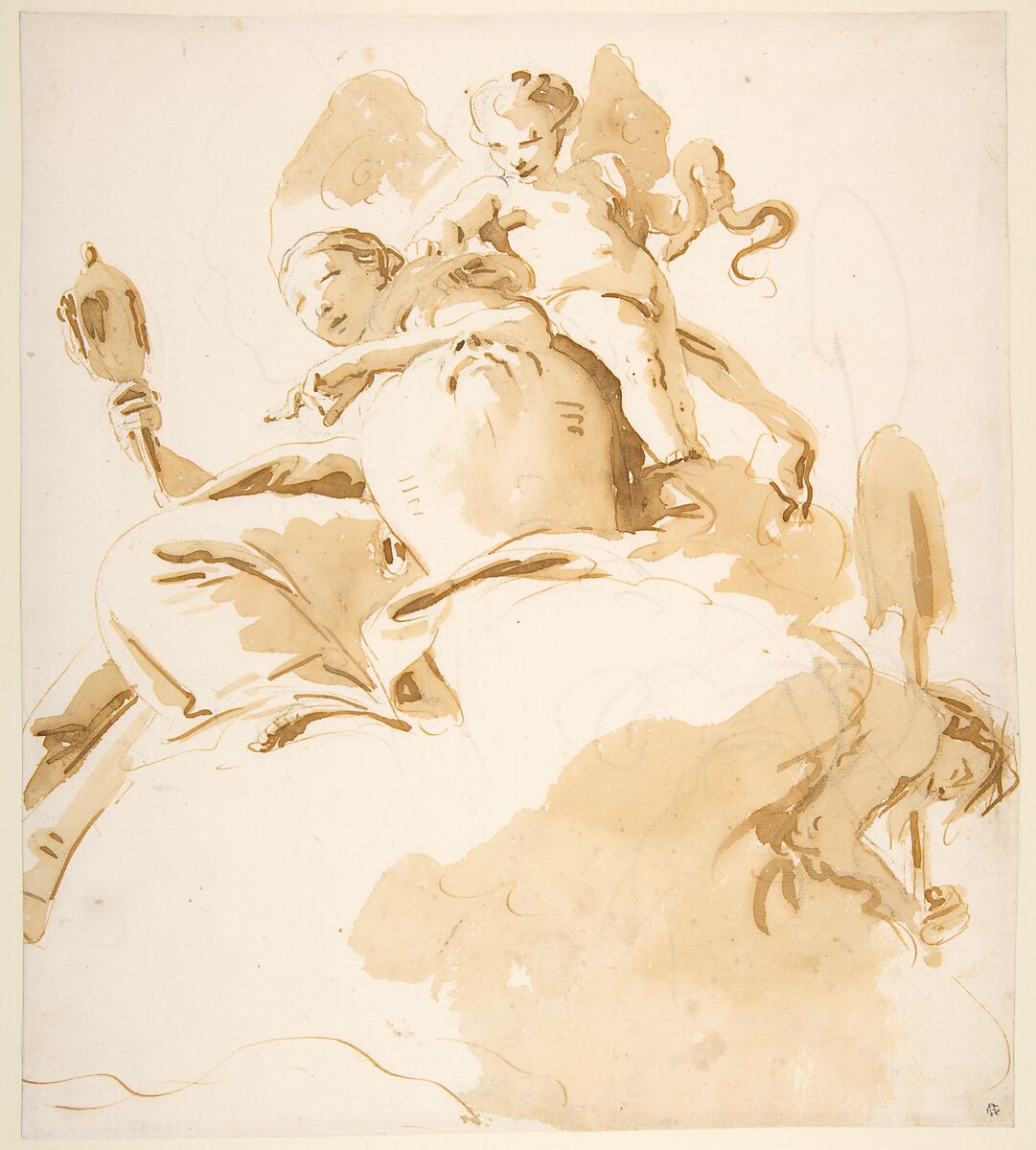 Seated Woman with a Winged Putto, Giovanni Battista Tiepolo (Italian, Venice 1696–1770 Madrid), Pen and brown ink, brush with pale (yellow) and dark brown wash, over black chalk 