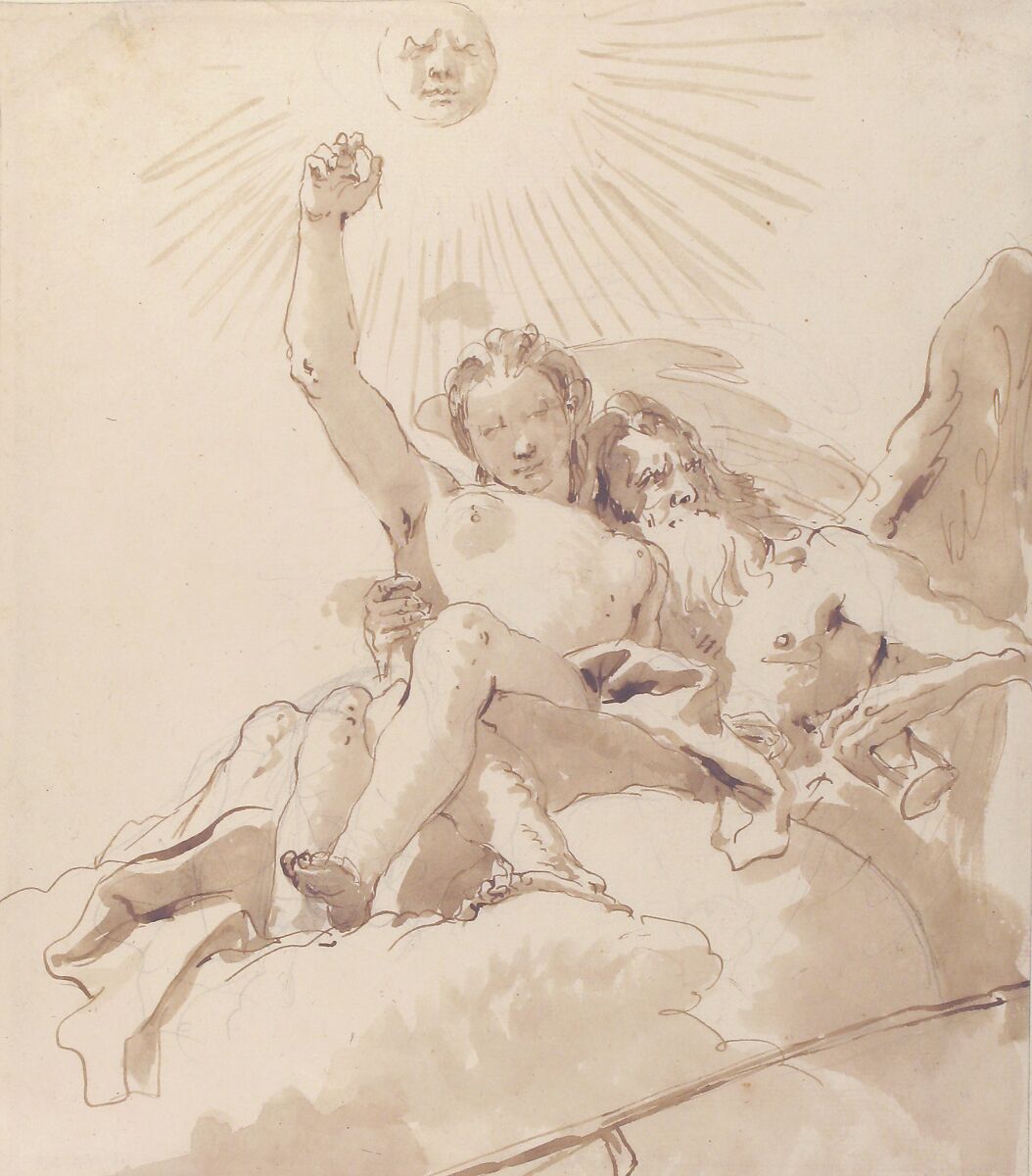 Time and Truth, Giovanni Battista Tiepolo (Italian, Venice 1696–1770 Madrid), Pen and brown ink, brush with pale and dark brown wash, over leadpoint or black chalk