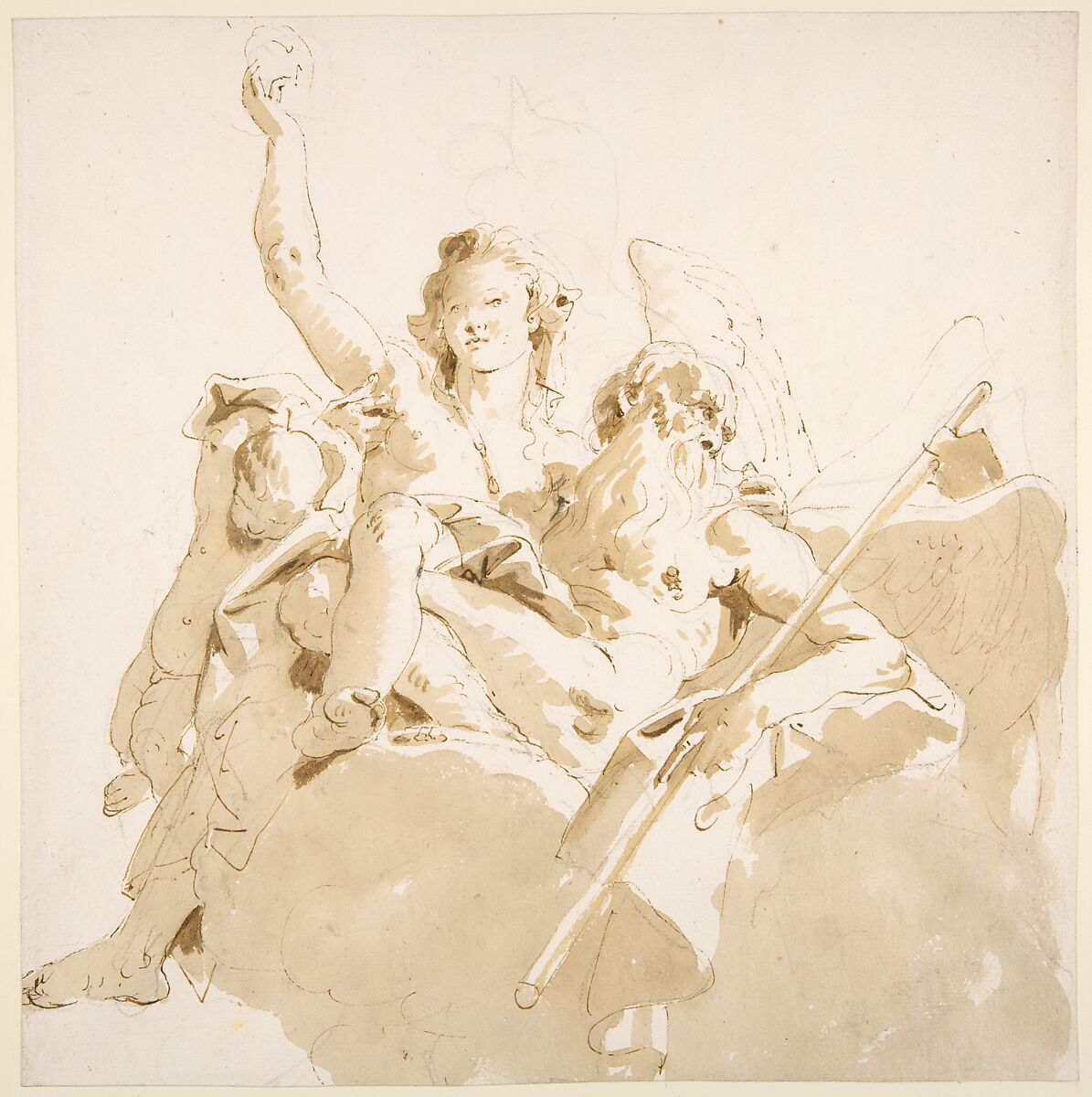 Time and Truth, Giovanni Battista Tiepolo (Italian, Venice 1696–1770 Madrid), Pen and brown ink, brush  with pale and dark brown wash, over black chalk 