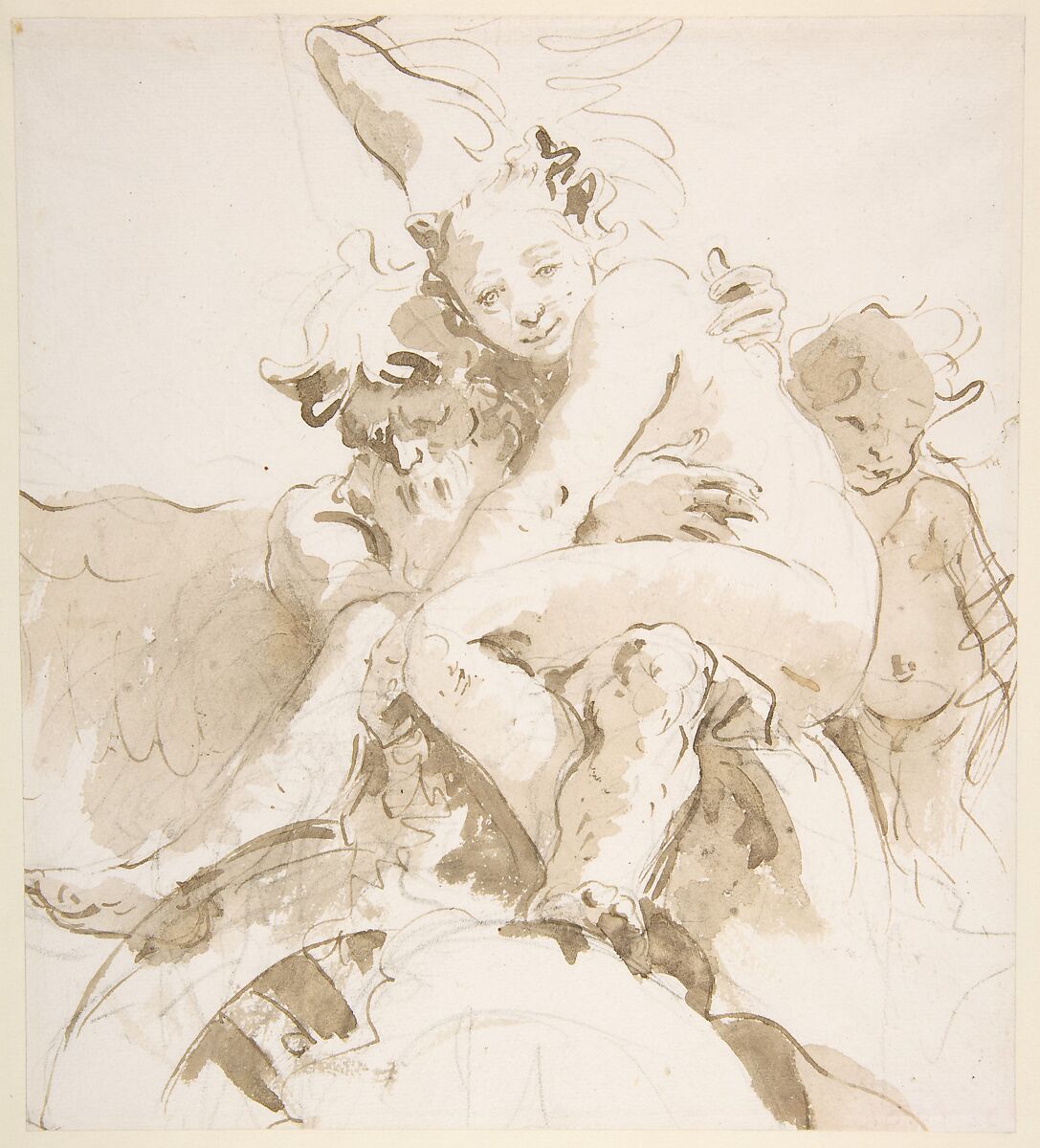 Time Holding a Nude Woman, a Putto at Right, Giovanni Battista Tiepolo (Italian, Venice 1696–1770 Madrid), Pen and brown ink, brush with pale and dark brown wash, over leadpoint or black chalk (recto); contours of drawing traced in black chalk by a later hand (verso) 