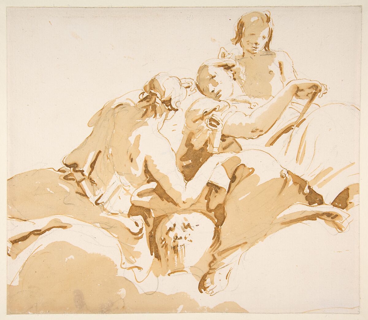 Two Seated Women and a Boy on Clouds, Giovanni Battista Tiepolo (Italian, Venice 1696–1770 Madrid), Pen and brown ink, brush with pale (yellow) and dark brown wash, over black chalk 