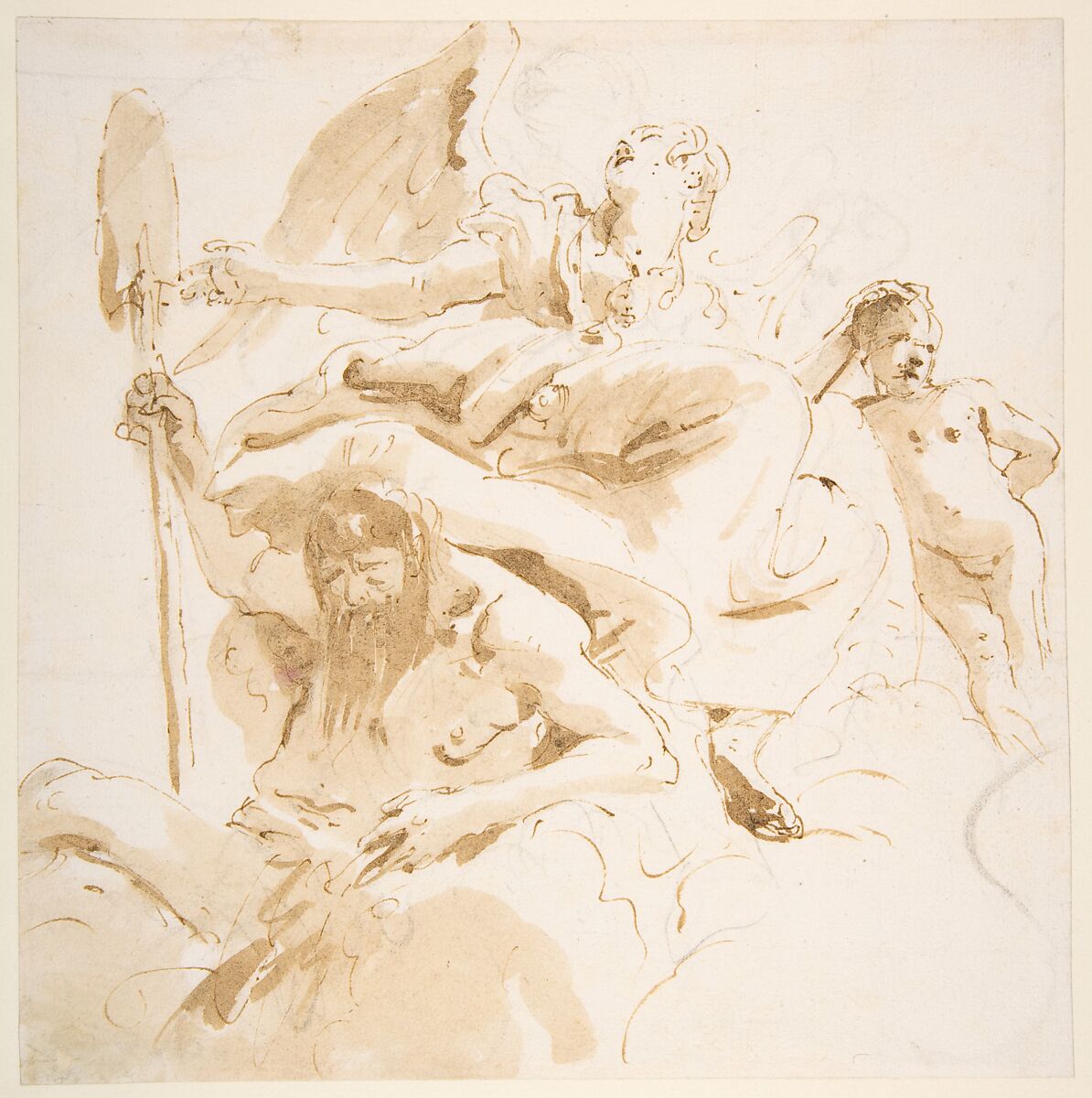 Winged Female Figure, River God, and a Nude Boy, Giovanni Battista Tiepolo (Italian, Venice 1696–1770 Madrid), Pen and brown ink, brush and pale and dark brown wash, over black chalk 