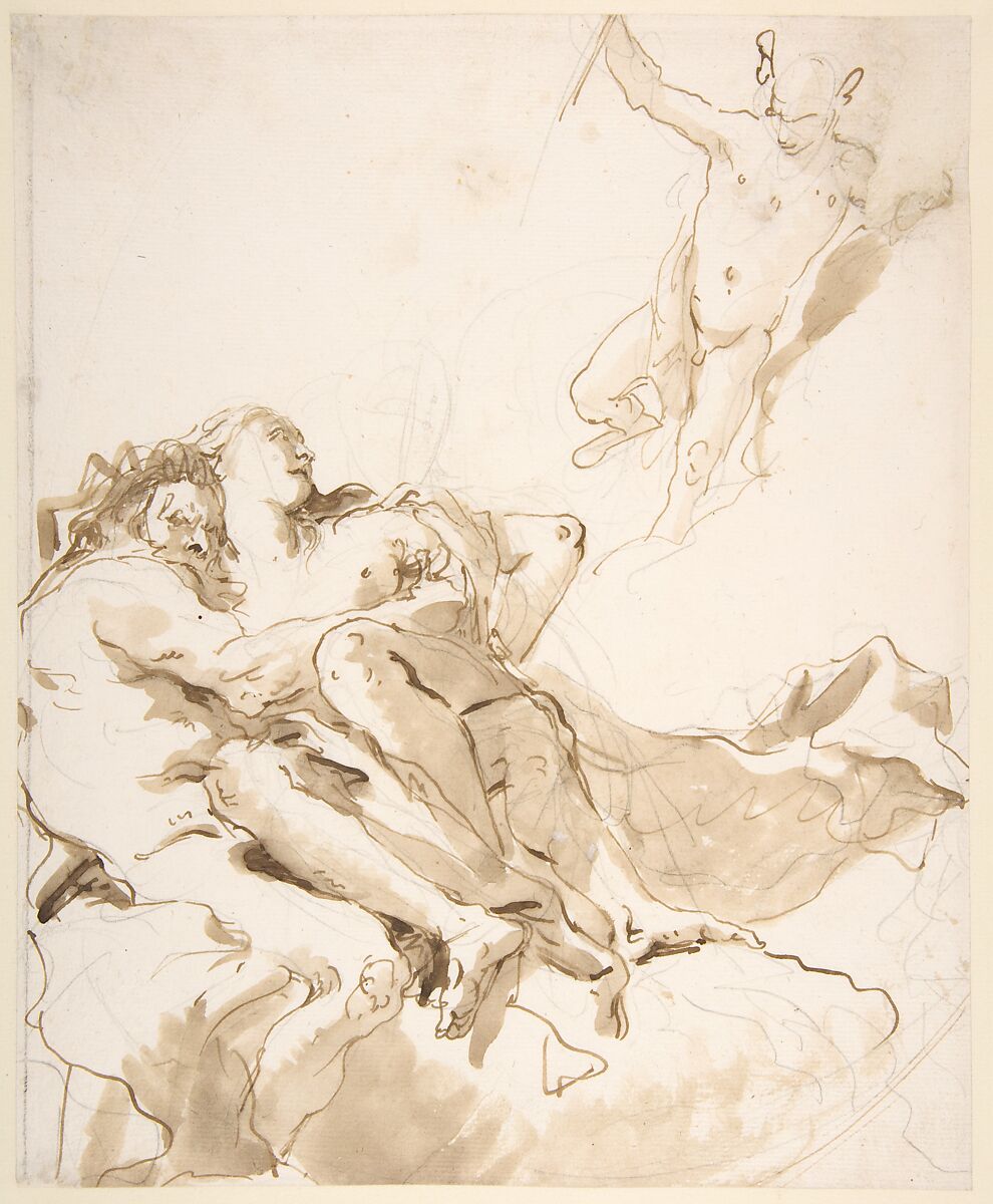 Mercury Appearing to a Marine Deity and a Nymph, Giovanni Battista Tiepolo (Italian, Venice 1696–1770 Madrid), Pen and brown ink, brush and pale and dark brown wash, over black chalk and leadpoint (?) 