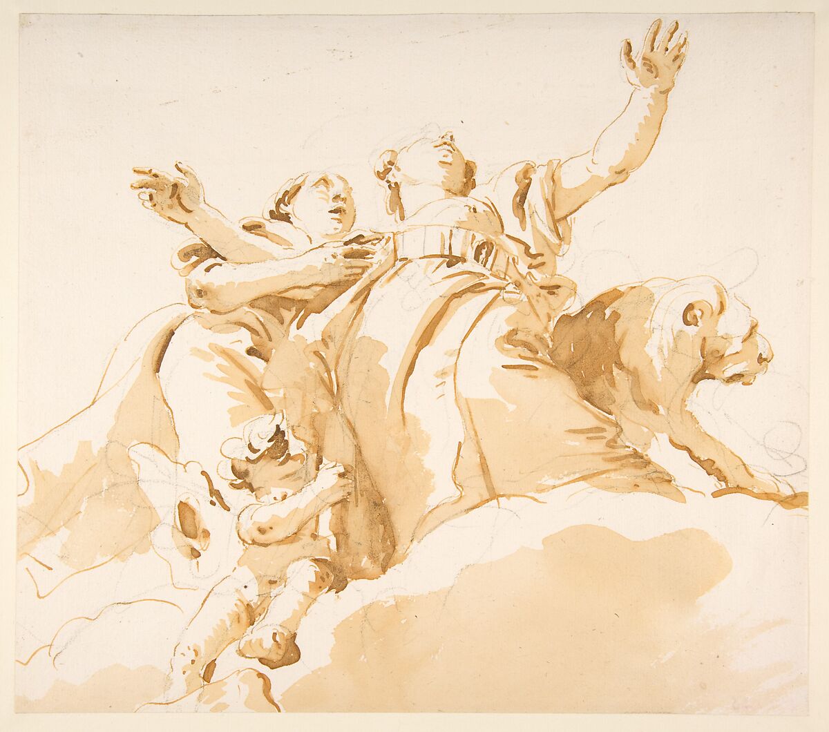 Two Women, a Lion, and a Putto on Clouds, Giovanni Battista Tiepolo (Italian, Venice 1696–1770 Madrid), Pen and brown ink, brush with pale (yellow) and dark brown wash, over black chalk 
