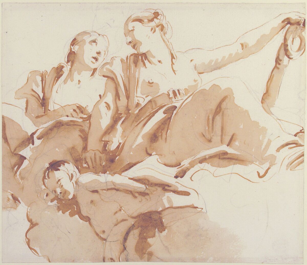 Two Women, One Holding an Anchor, and a Putto on Clouds, Giovanni Battista Tiepolo (Italian, Venice 1696–1770 Madrid), Pen and brown ink, brush with pale (yellow) and dark brown wash, over black chalk