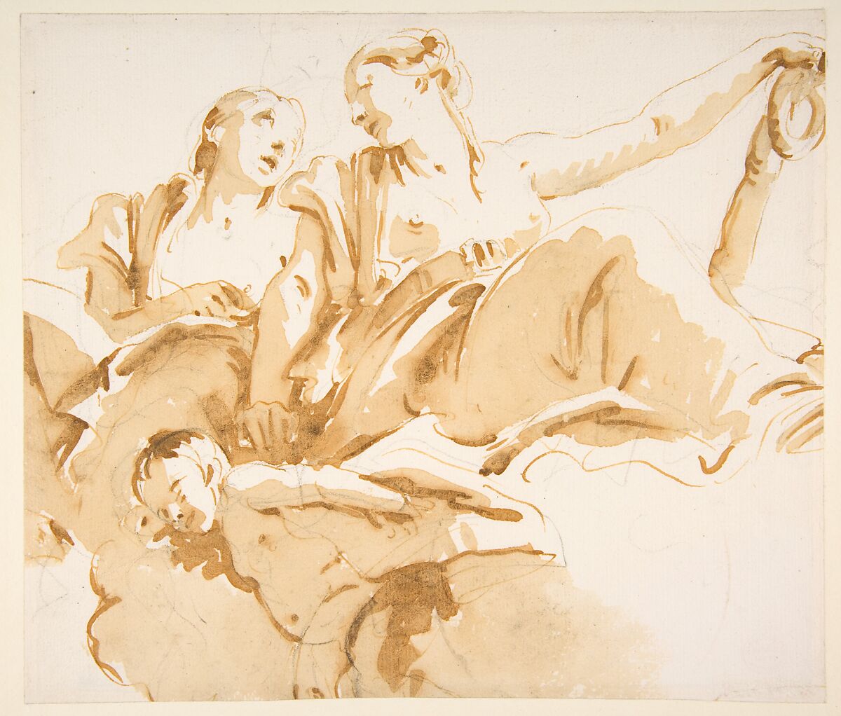 Two Women, One Holding an Anchor, and a Putto on Clouds, Giovanni Battista Tiepolo (Italian, Venice 1696–1770 Madrid), Pen and brown ink, brush with pale (yellow) and dark brown wash, over black chalk 