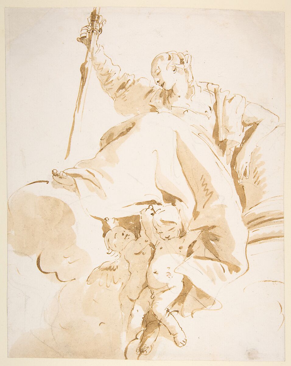 Seated Women Holding Aloft a Sword, and Supported by Two Putti, Giovanni Battista Tiepolo (Italian, Venice 1696–1770 Madrid), Pen and brown ink, brush with pale (yellow) and dark brown wash, over black chalk 