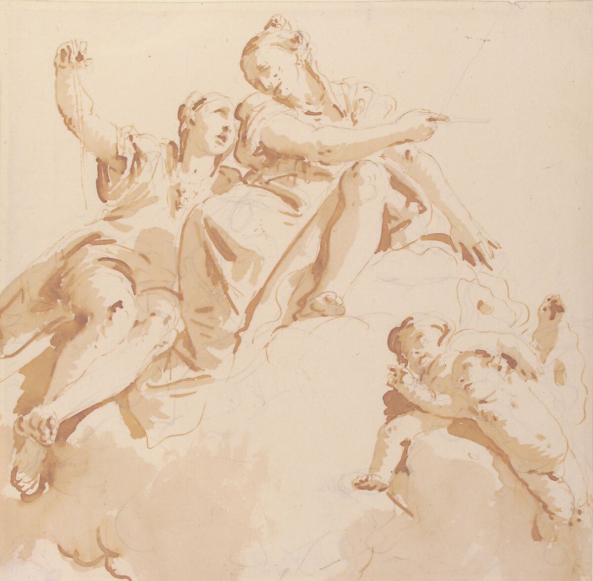 Two Women Seated on a Cloud, and Two Putti, Giovanni Battista Tiepolo (Italian, Venice 1696–1770 Madrid), Pen and brown ink, brush with pale (yellow) brown wash, over leadpoint or black chalk