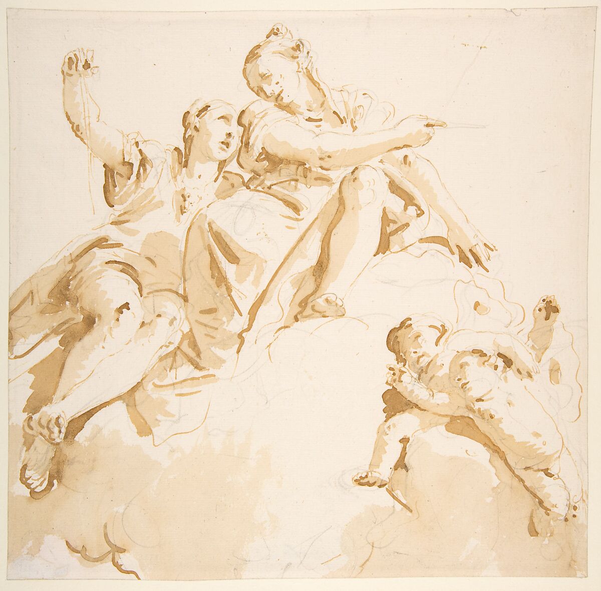 Two Women Seated on a Cloud, and Two Putti, Giovanni Battista Tiepolo (Italian, Venice 1696–1770 Madrid), Pen and brown ink, brush with pale (yellow) brown wash, over leadpoint or black chalk 