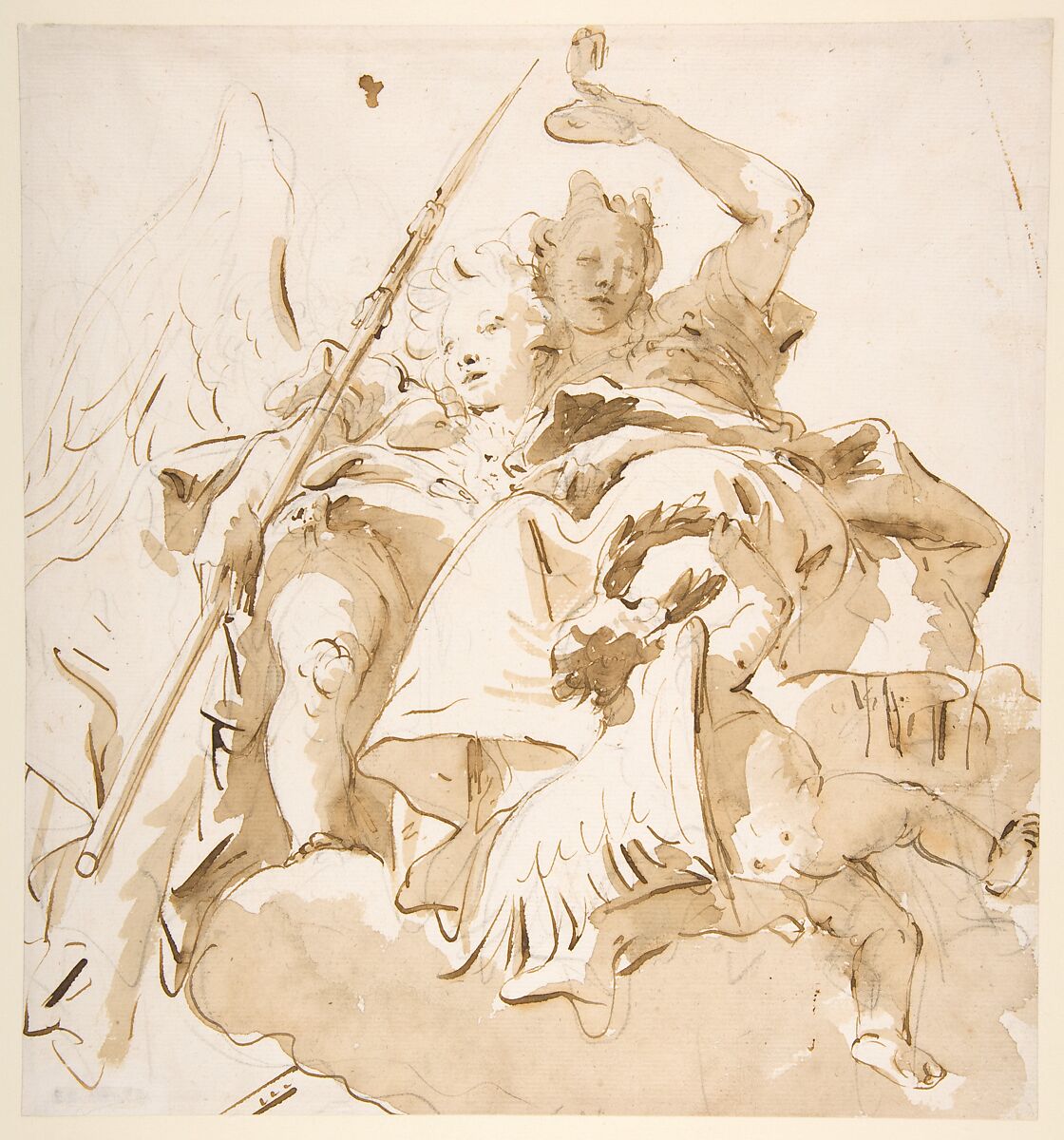 Virtue and Nobility, Giovanni Battista Tiepolo (Italian, Venice 1696–1770 Madrid), Pen and brown ink, brush and brown wash, over black chalk 