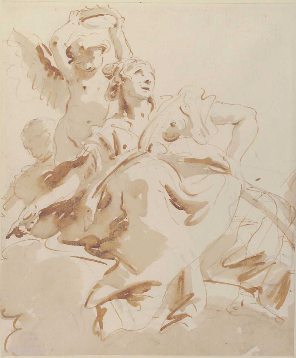 Winged Putto Crowning a Seated Woman Who Looks Upward, Giovanni Battista Tiepolo (Italian, Venice 1696–1770 Madrid), Pen and brown ink, brush with pale and dark brown wash, over black chalk
