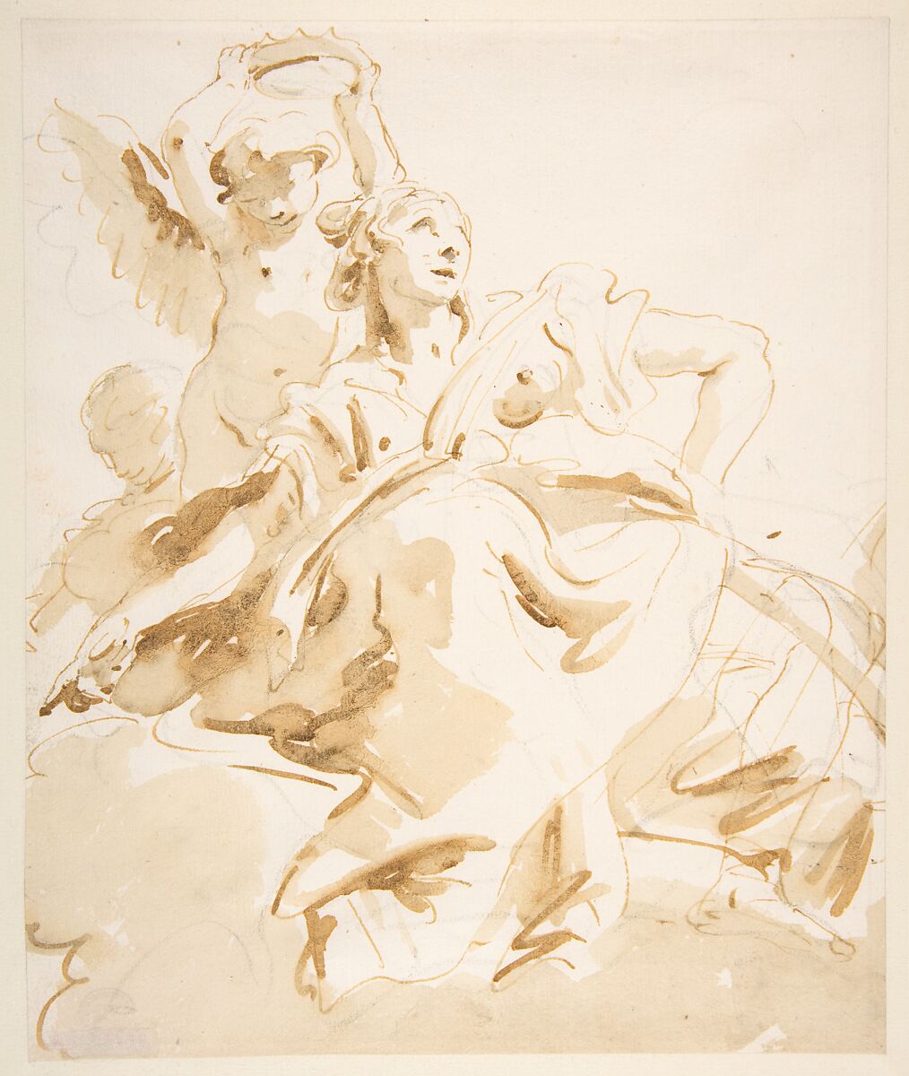 Winged Putto Crowning a Seated Woman Who Looks Upward, Giovanni Battista Tiepolo (Italian, Venice 1696–1770 Madrid), Pen and brown ink, brush with pale and dark brown wash, over black chalk 