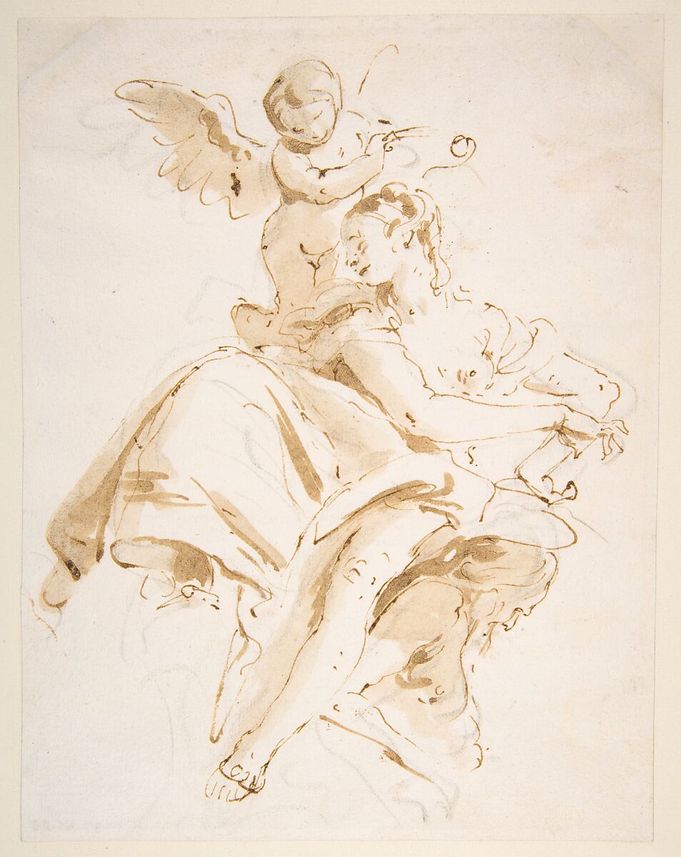 Winged Putto Crowning a Seated Woman Who Looks to the Left, Giovanni Battista Tiepolo (Italian, Venice 1696–1770 Madrid), Pen and brown ink, brush with pale and dark brown wash, over black chalk 