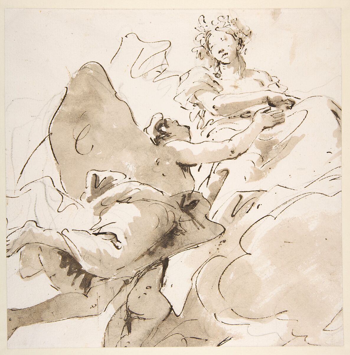 Zephyr and Flora, Giovanni Battista Tiepolo (Italian, Venice 1696–1770 Madrid), Pen and dark brown ink, brush with pale and dark brown wash, over black chalk 