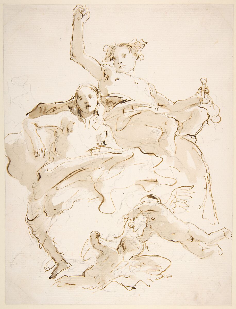 Bacchus and Ariadne, Giovanni Battista Tiepolo (Italian, Venice 1696–1770 Madrid), Pen and brown ink, brush and brown wash, over black chalk 
