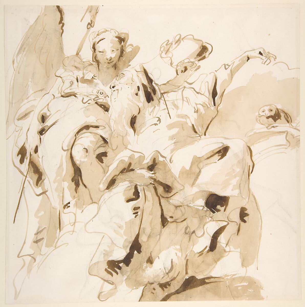 Virtue Crowning a Bearded Man, Giovanni Battista Tiepolo (Italian, Venice 1696–1770 Madrid), Pen and brown ink, brush with pale and dark brown wash, over black chalk 