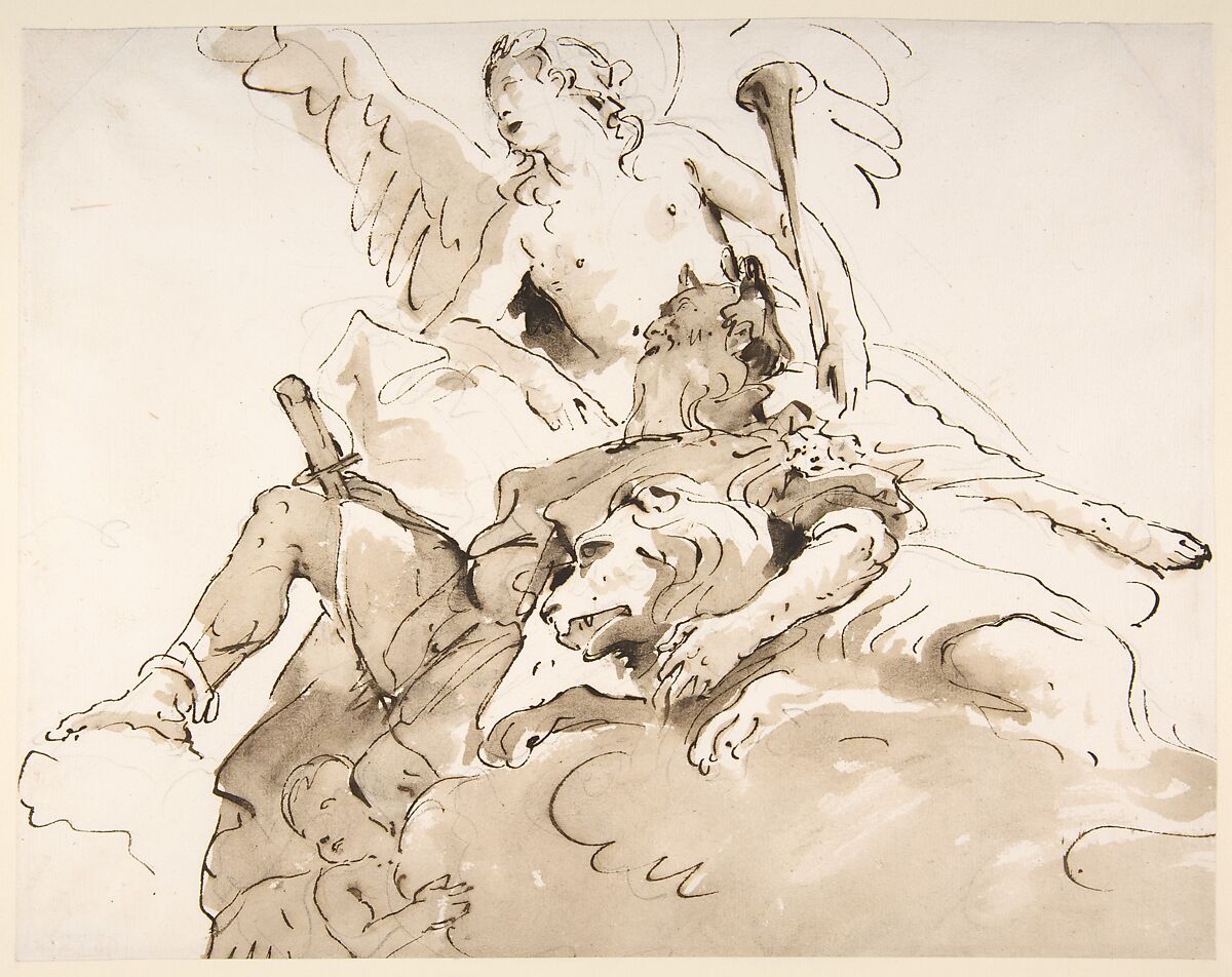 Apotheosis of a Warrior, Giovanni Battista Tiepolo (Italian, Venice 1696–1770 Madrid), Pen and dark brown ink, brush with dark brown wash, over black chalk 